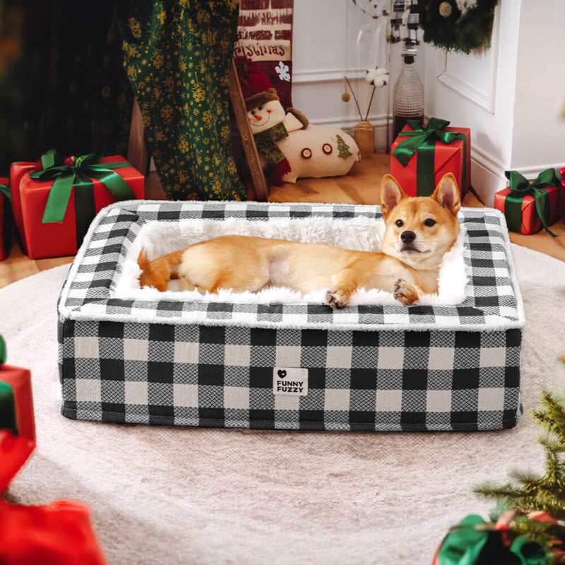 Cama festiva clássica tartan aconchegante para cães anti-ansiedade calmante