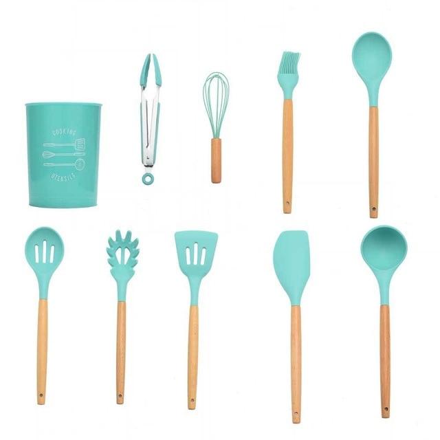 Kit Gastronômico Premium – Utensílios de Cozinha, Silicone e Madeira Ecológica